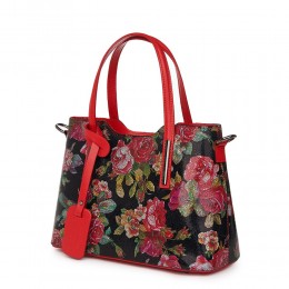 Mariella FF6, virágmintás, természetes bőr táska, sötétkék
