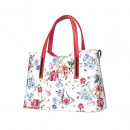 Suzan, virágos, természetes bőr táska, piros kézifogókkal